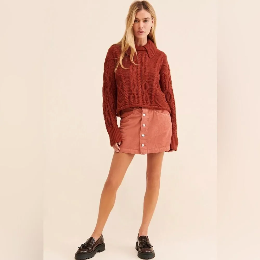 FREE PEOPLE Ray Button Front Corduroy‎ Mini Skirt Rust Pink Fall Size 8 New